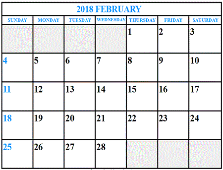 Printable February 2018 Calendar word