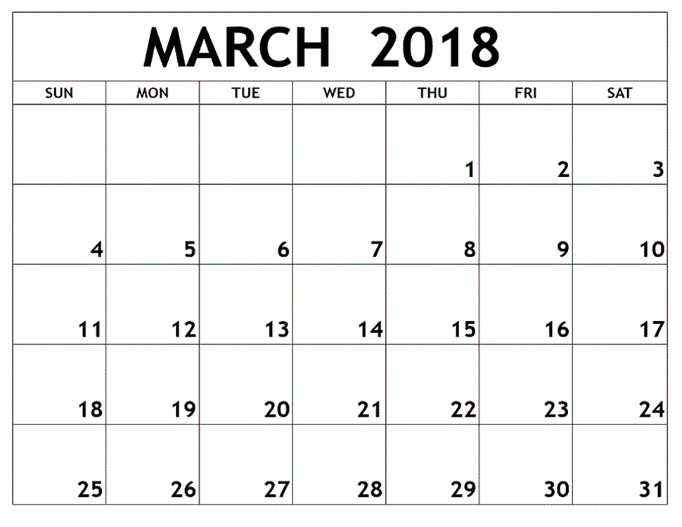 Printable March 2018 Calendar Template
