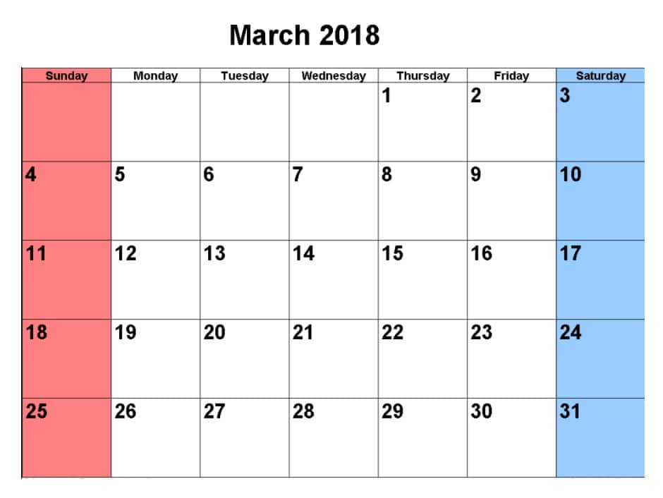 Printable March Monthly Calendar 2018