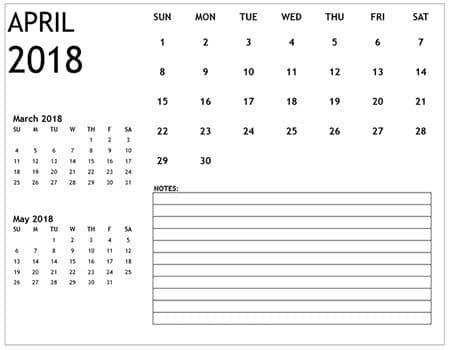 April 2018 Calendar Printable