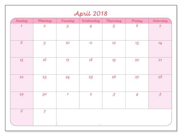 April 2018 Calendar Template