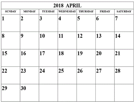 April 2018 Monthly Calendar
