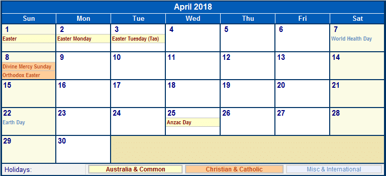 April 2018 Monthly Calendar