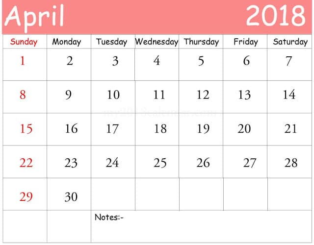 April 2018 Printable Calendar
