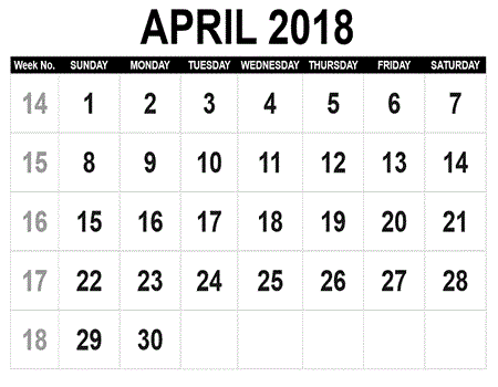 April Calendar 2018