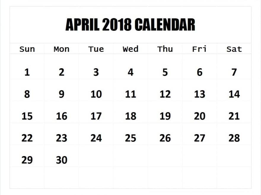 April 2018 Calendar With Holidays