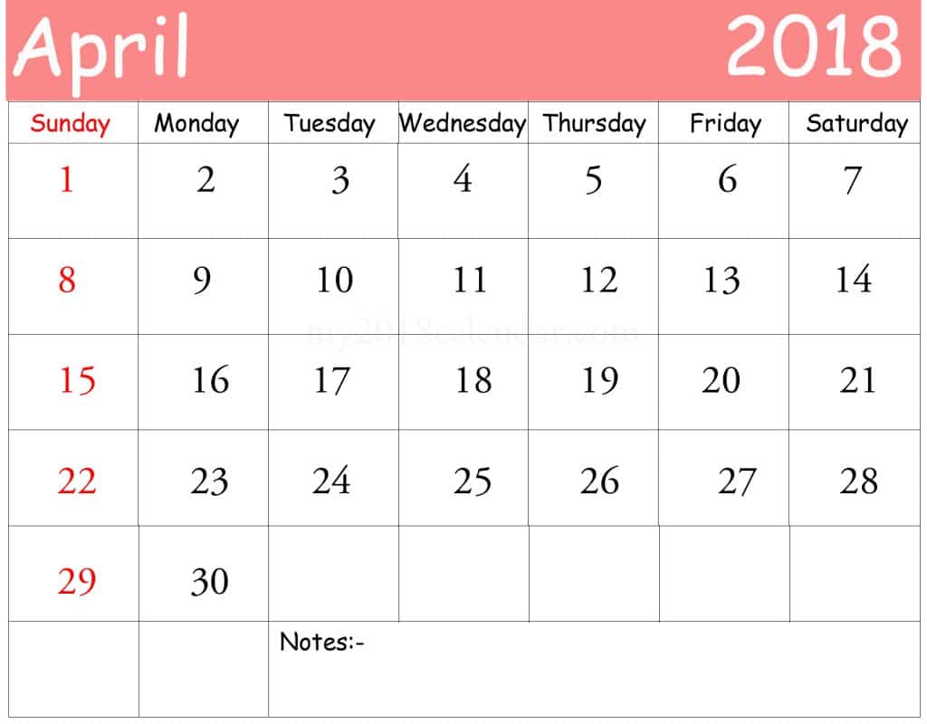 Printable April 2018 Calendar