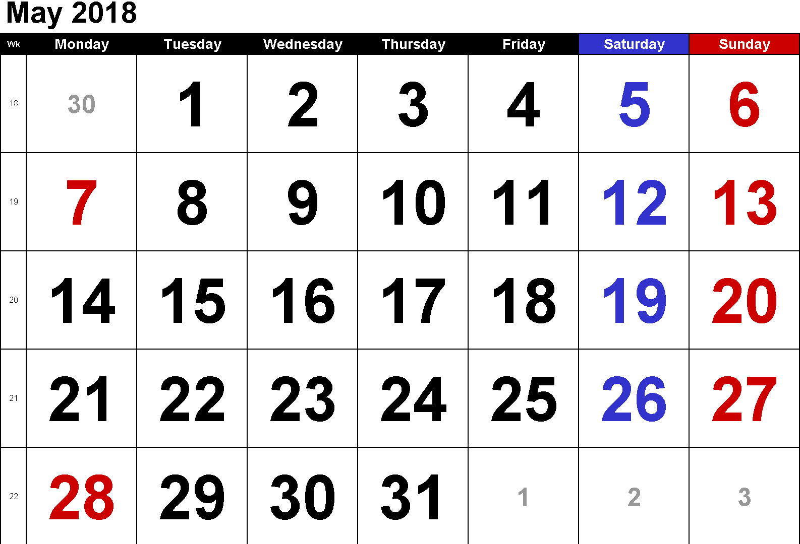 2018 May Calendar Large Number