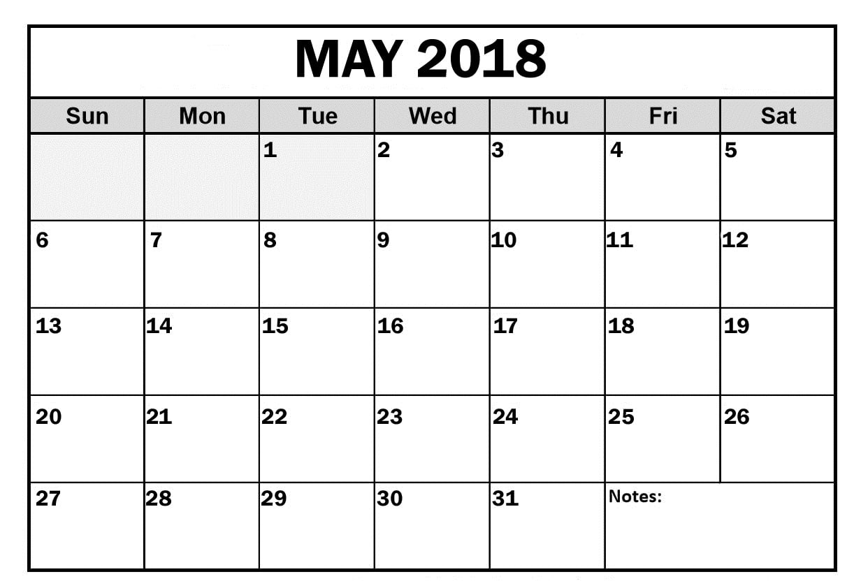 2018 May Calendar landscape