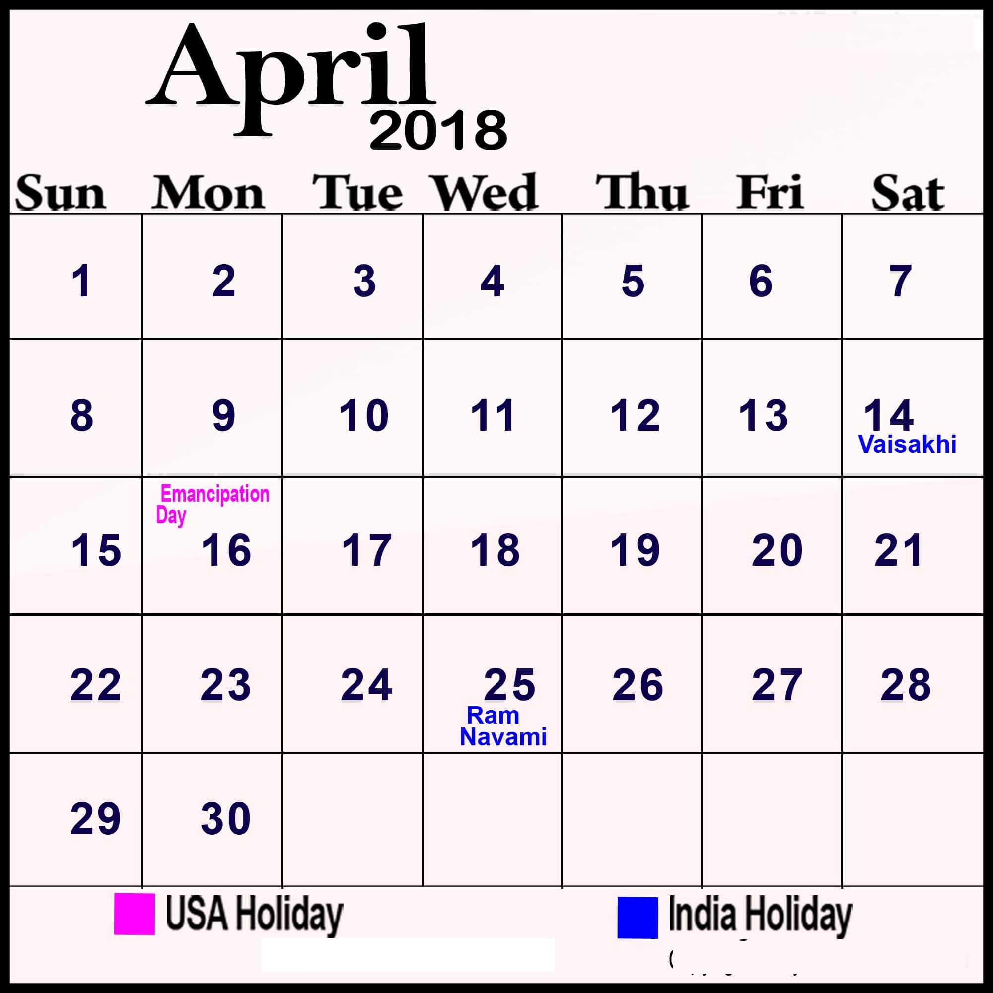 April Calendar Printable