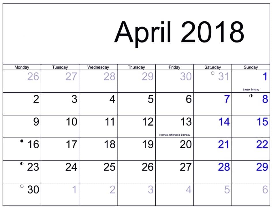 April Calendar Printable