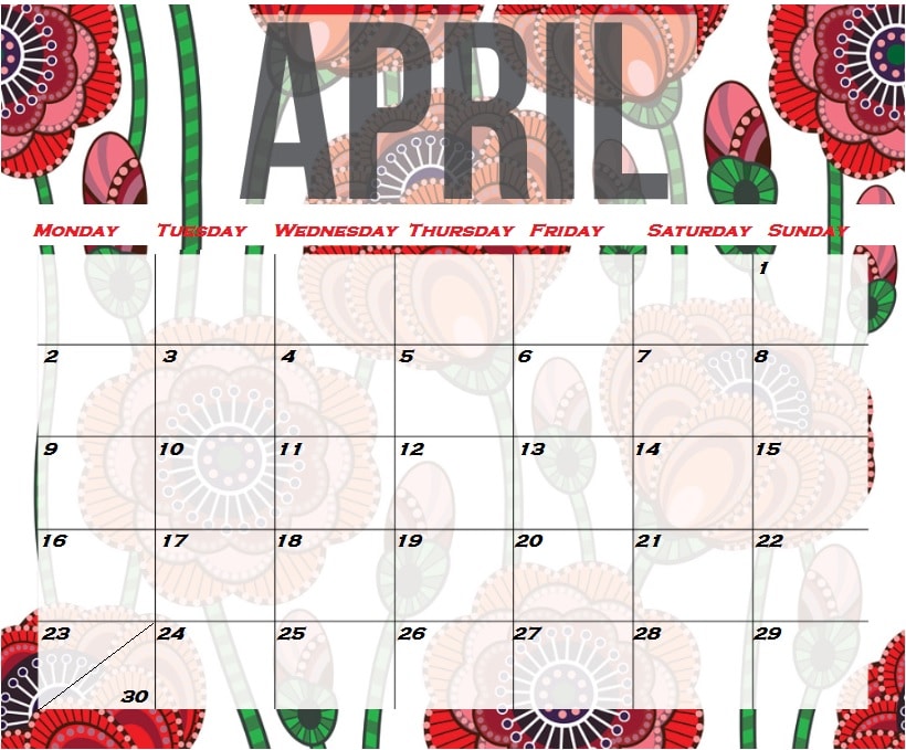 Blank April Calendar 2018