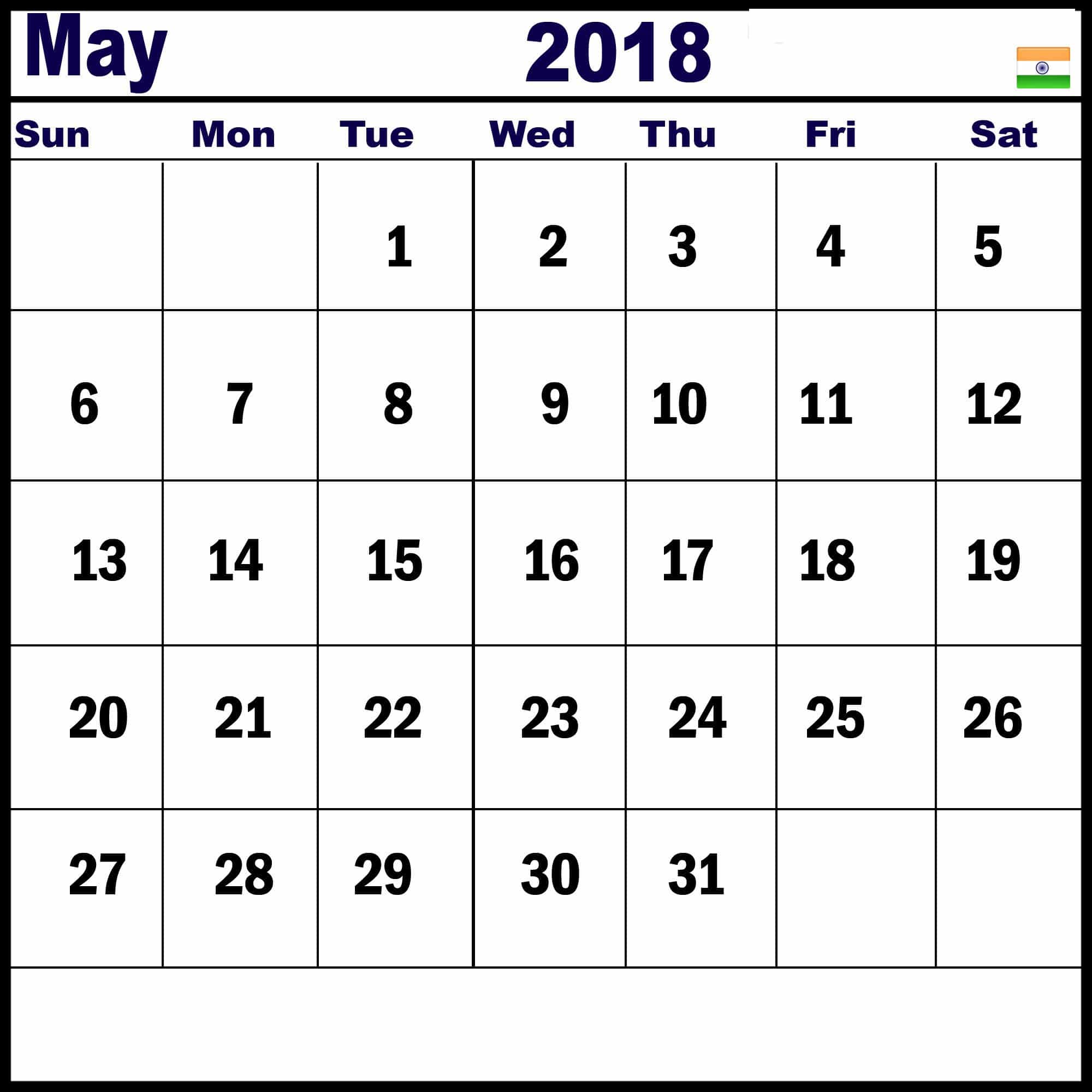 Blank May 2018 Calendar Printable