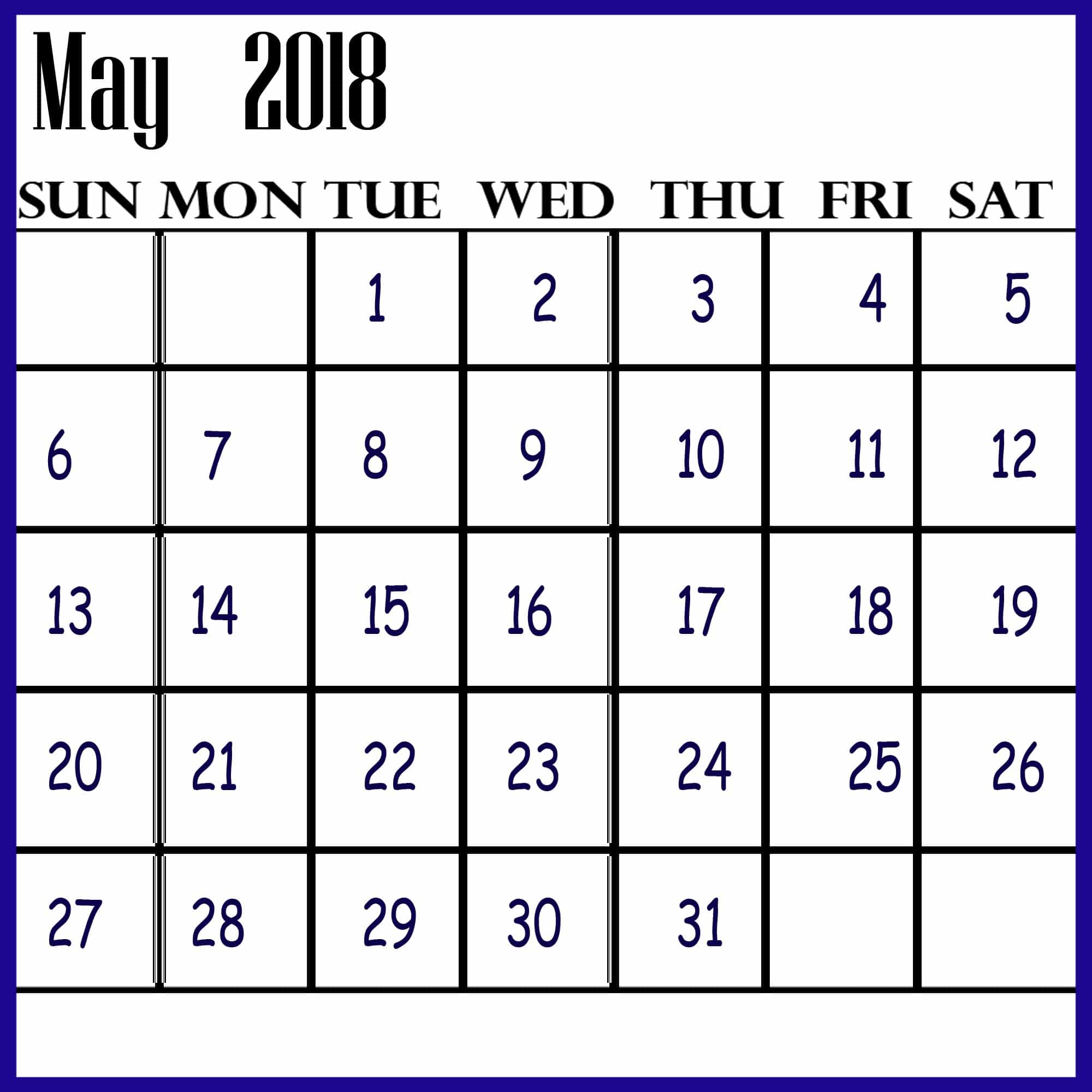 May 2018 Printable Calendar 