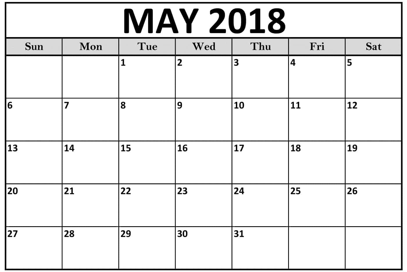 Printable Calendar May 2018 