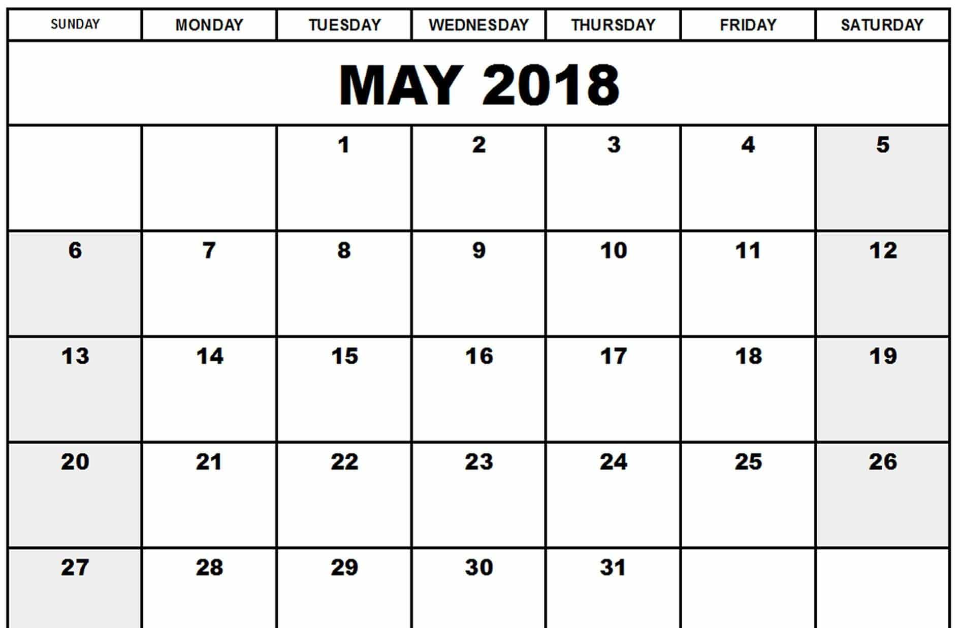 Printable May 2018 Calendar Pdf , Word Free | Oppidan Library