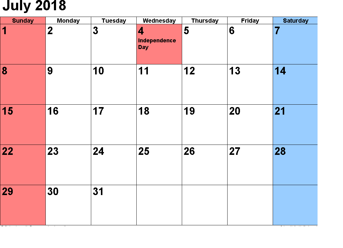 2018 July Calendar