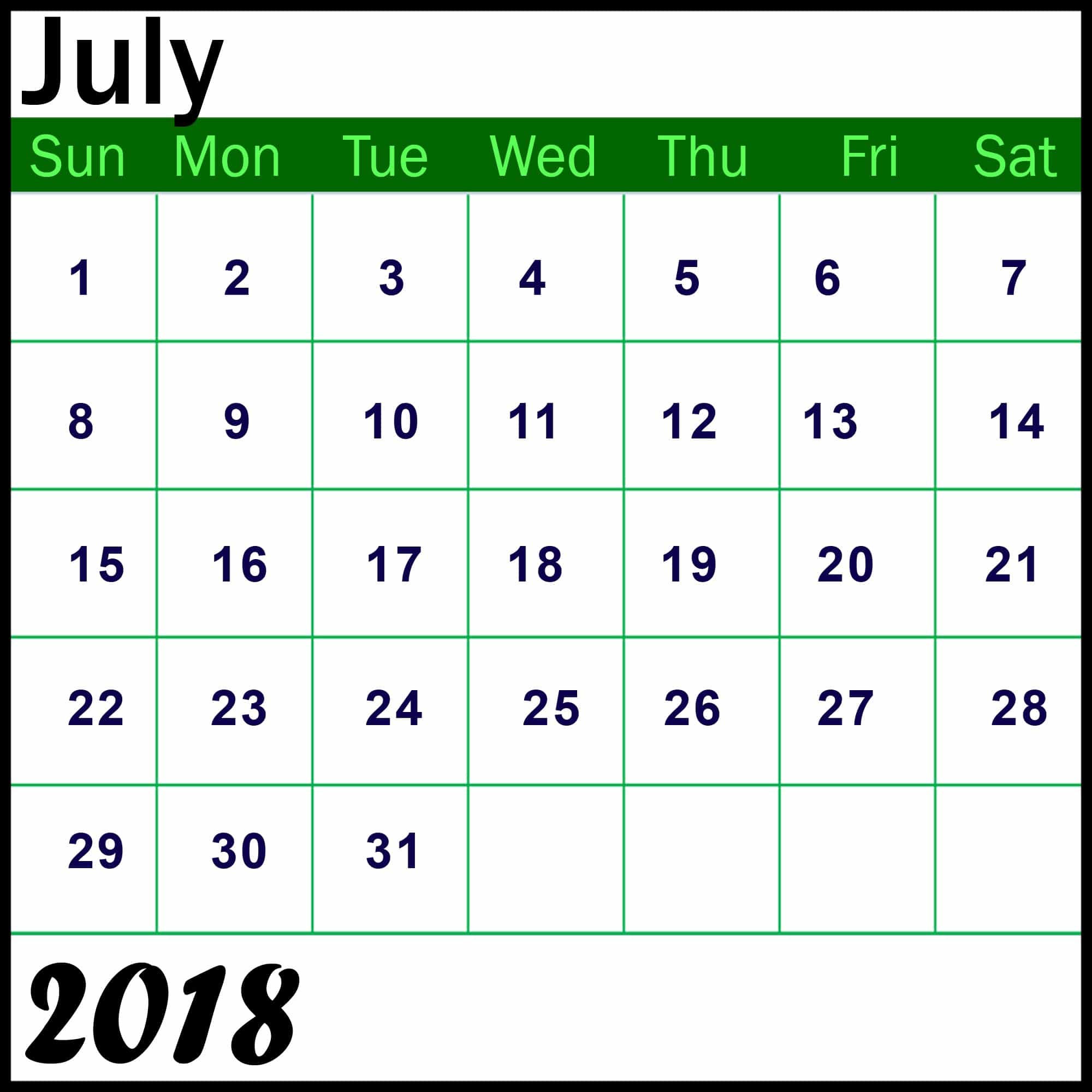 2018 July Calendar