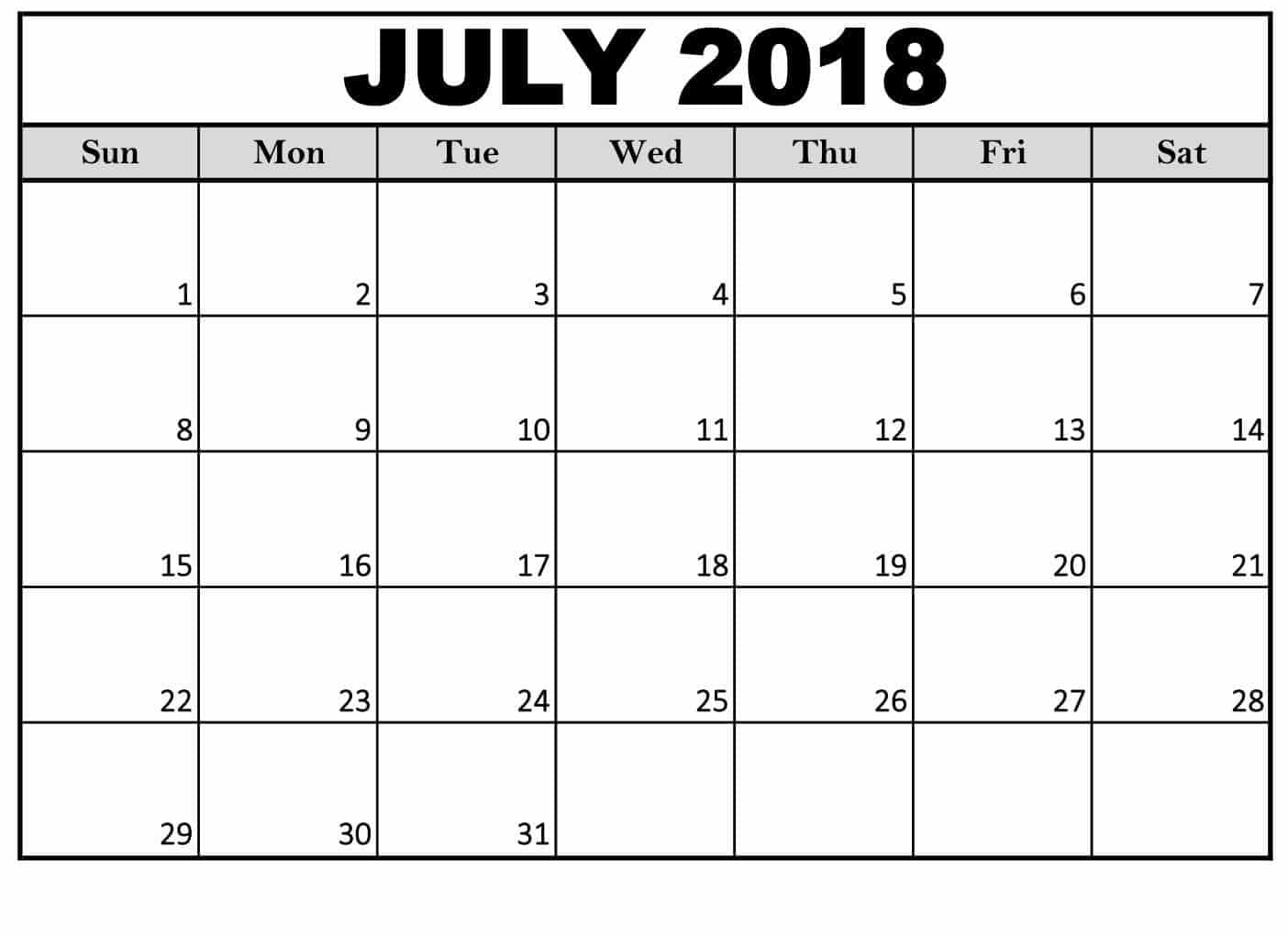 2018 July Calendar