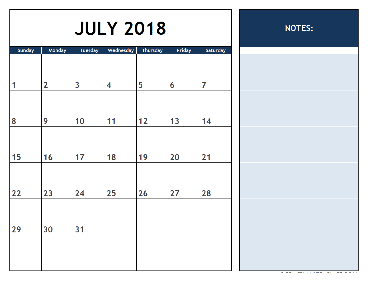 2018 July Calendar