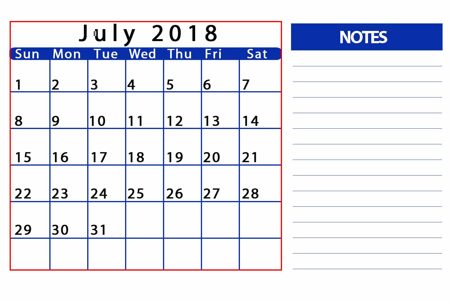 2018 July Calendar