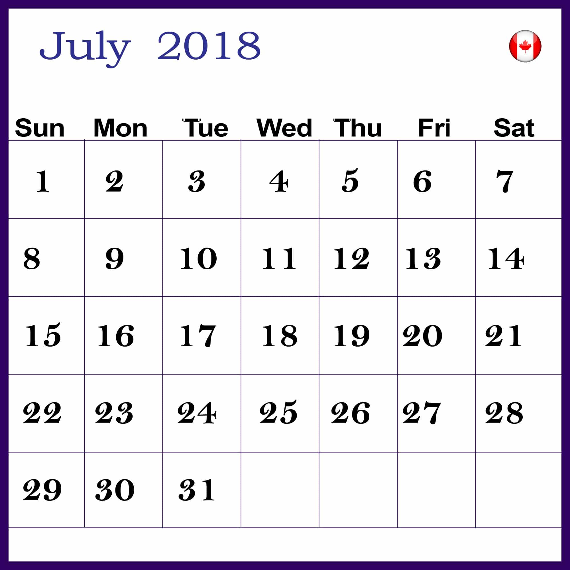 2018 July Calendar