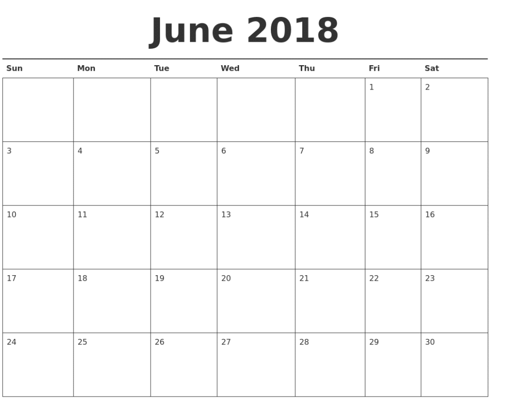 2018 June Calendar Monthly And Weakly Schedule | Oppidan Library