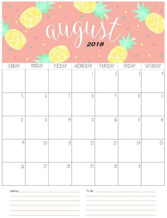 August 2018 Calendar  Printable