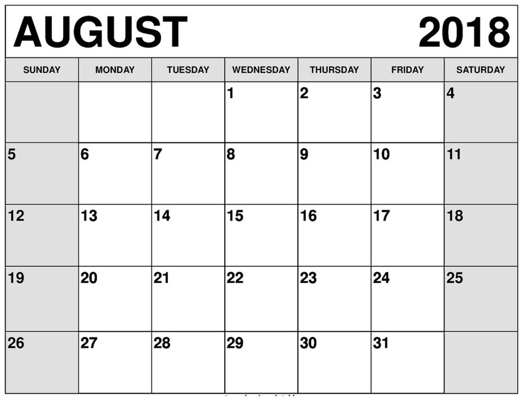 August 2018 Calendar Free Printable Template | Oppidan Library