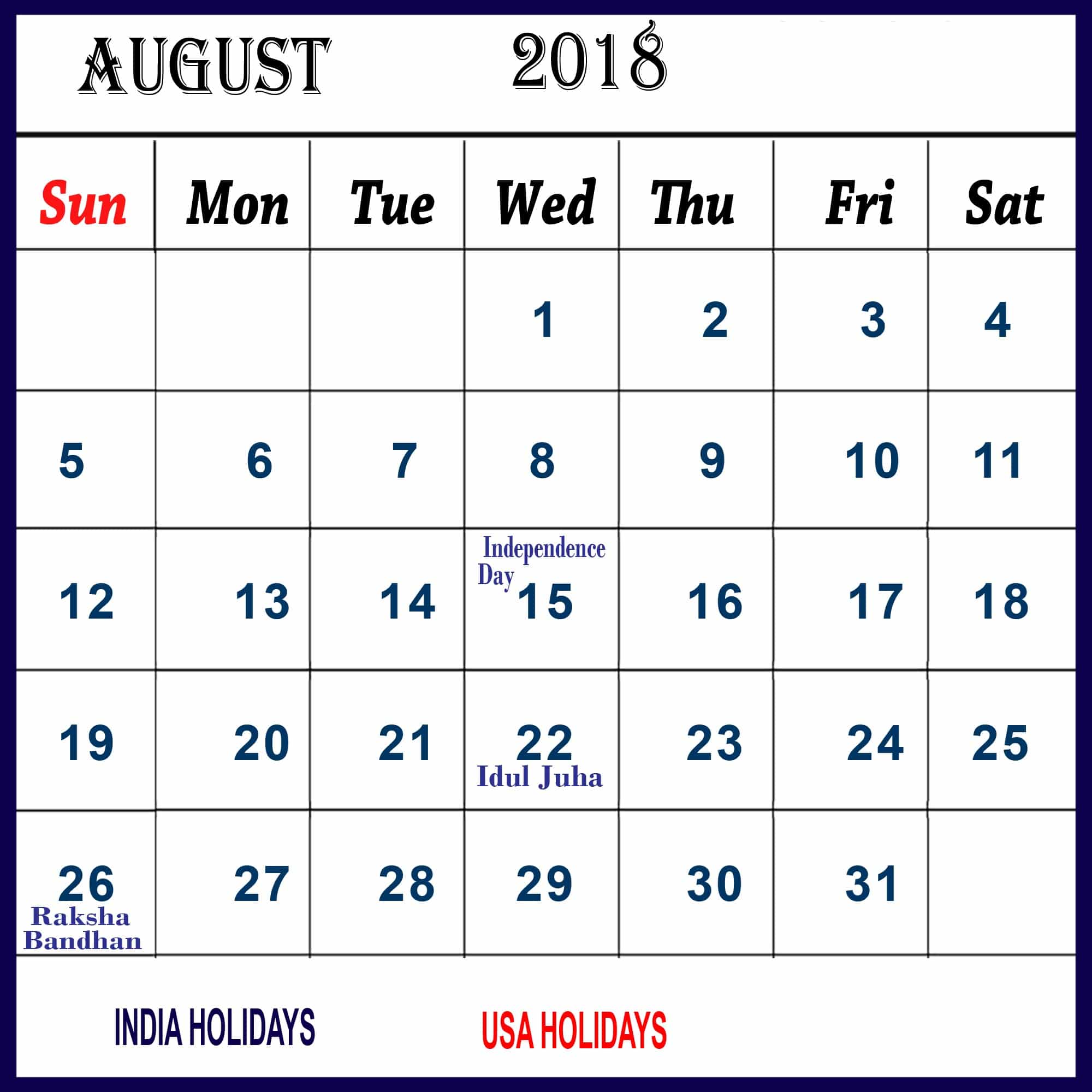 August 2018 Calendar With Indian Holidays Oppidan Library