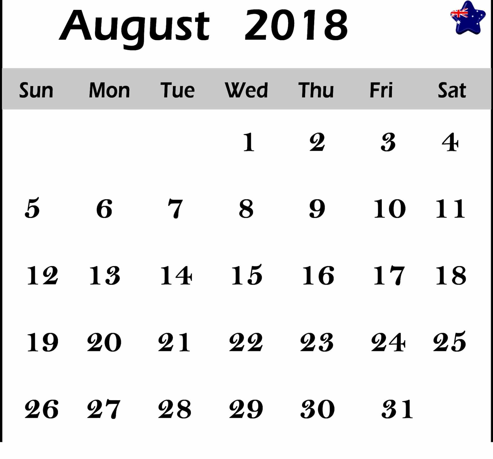 August 2018 Calendar With Holidays