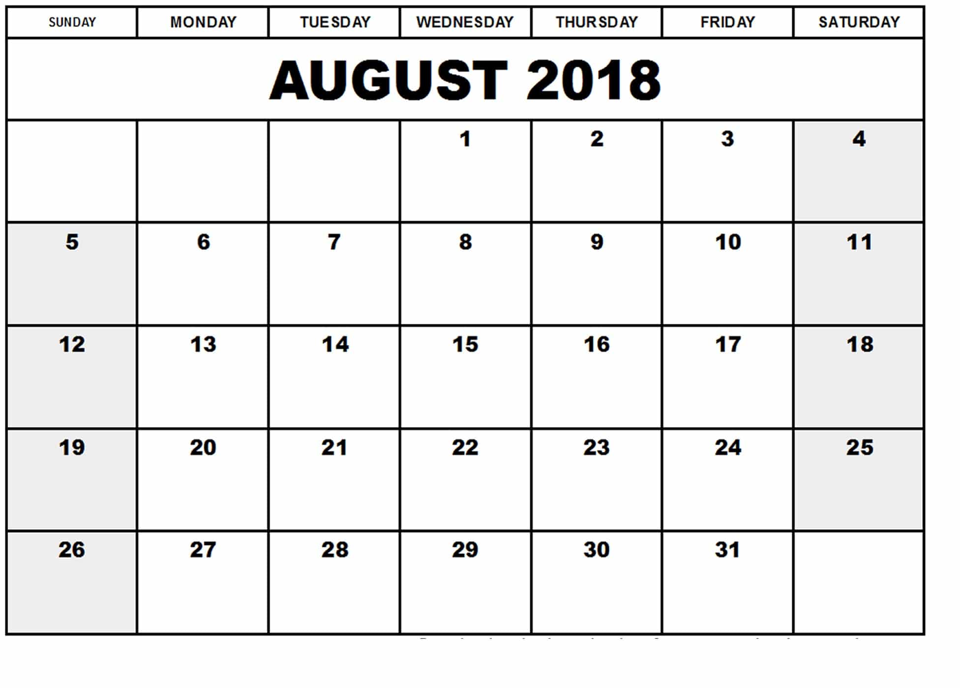 August 2018 Calendar  Printable