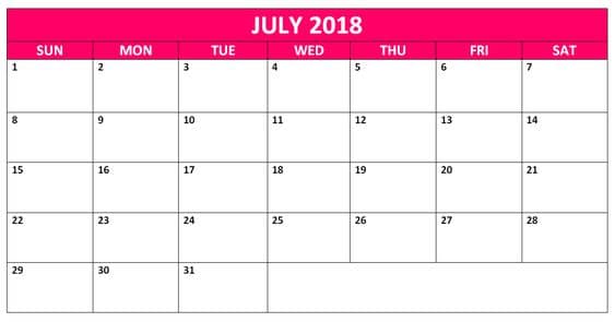 Blank July 2018 Calendar