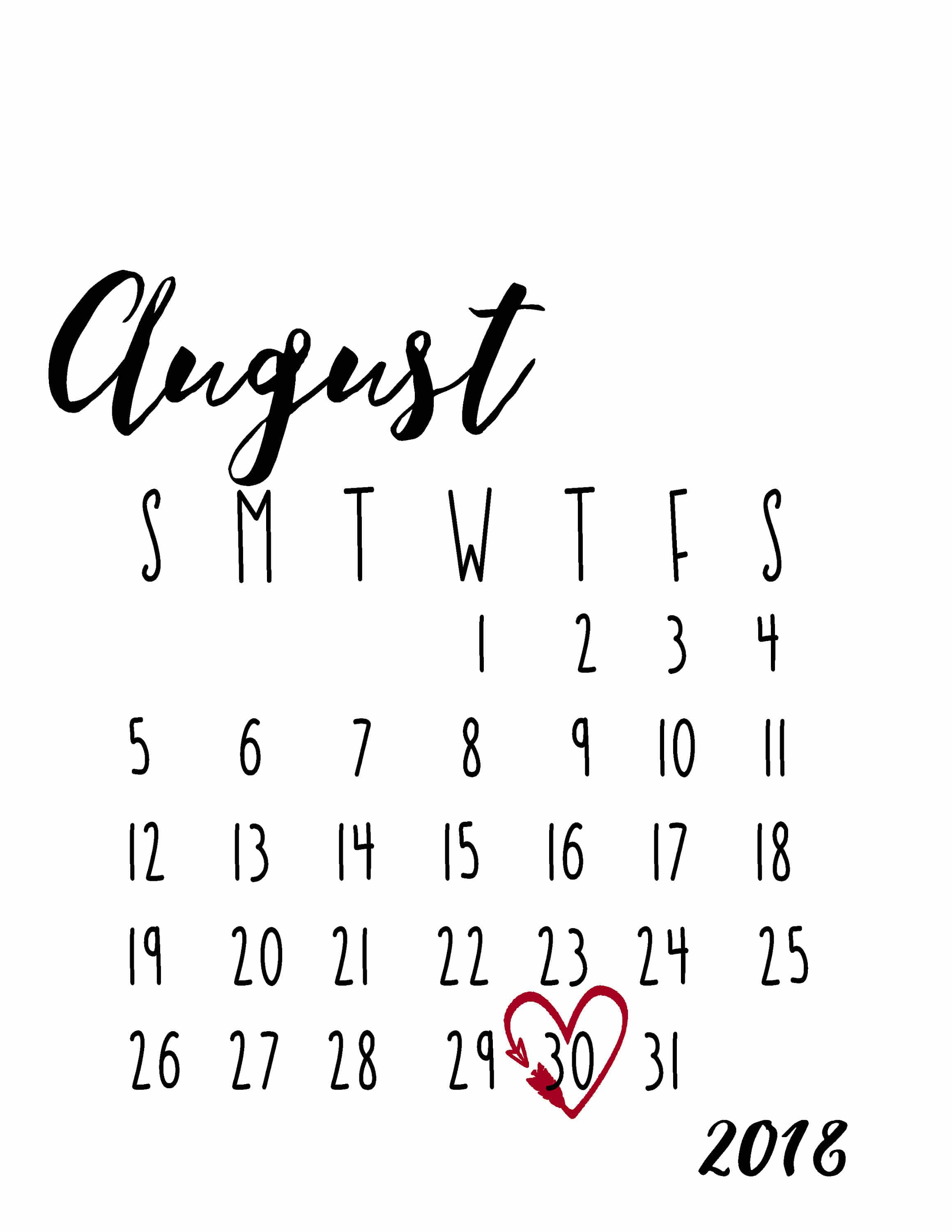August 2018 Calendar 