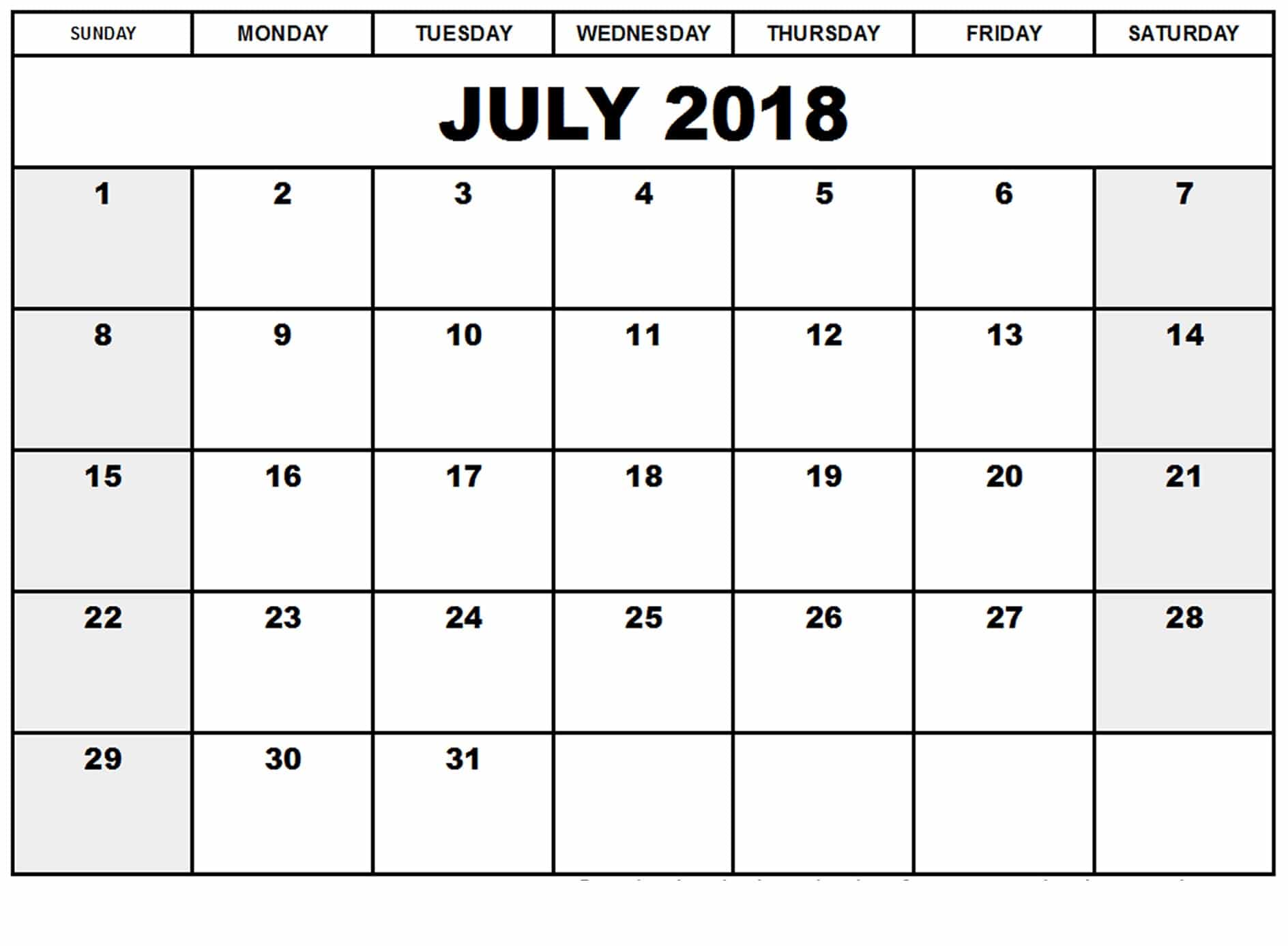  July Calendar 2018 Printable
