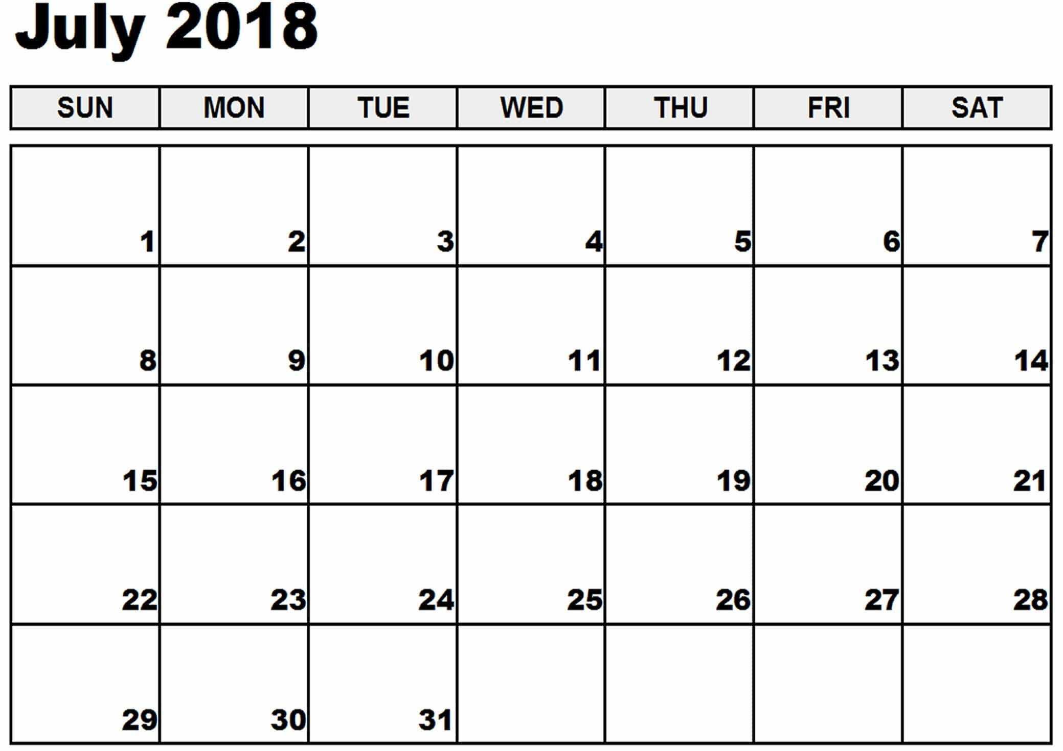  Printable July 2018 Calendar