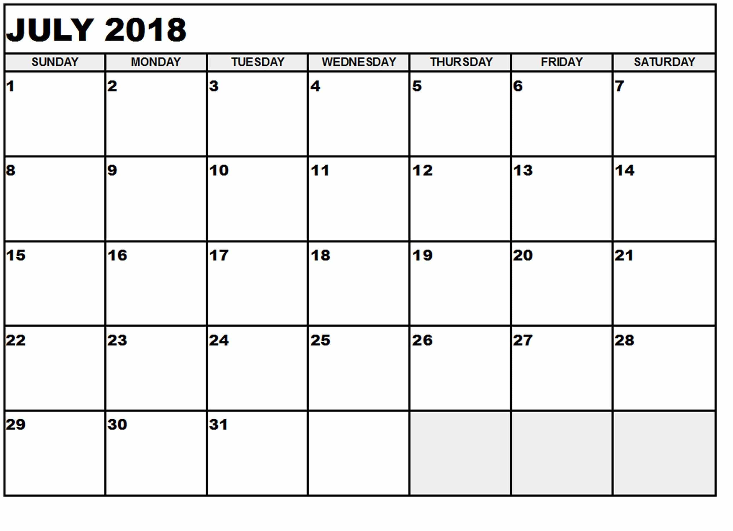  July 2018 Calendar Template