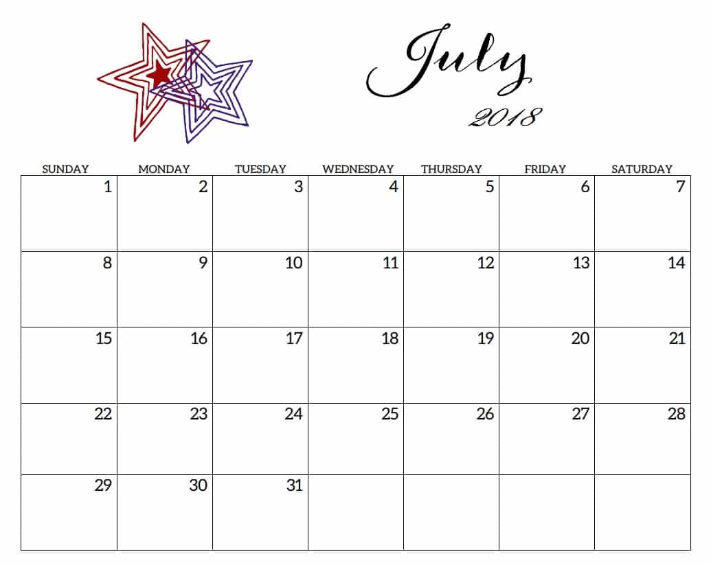  July 2018 Calendar Template