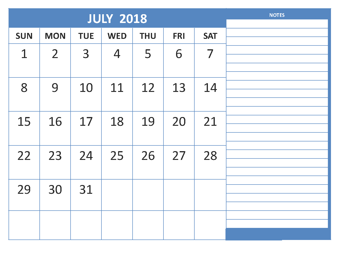 July 2018 Monthly Calendar