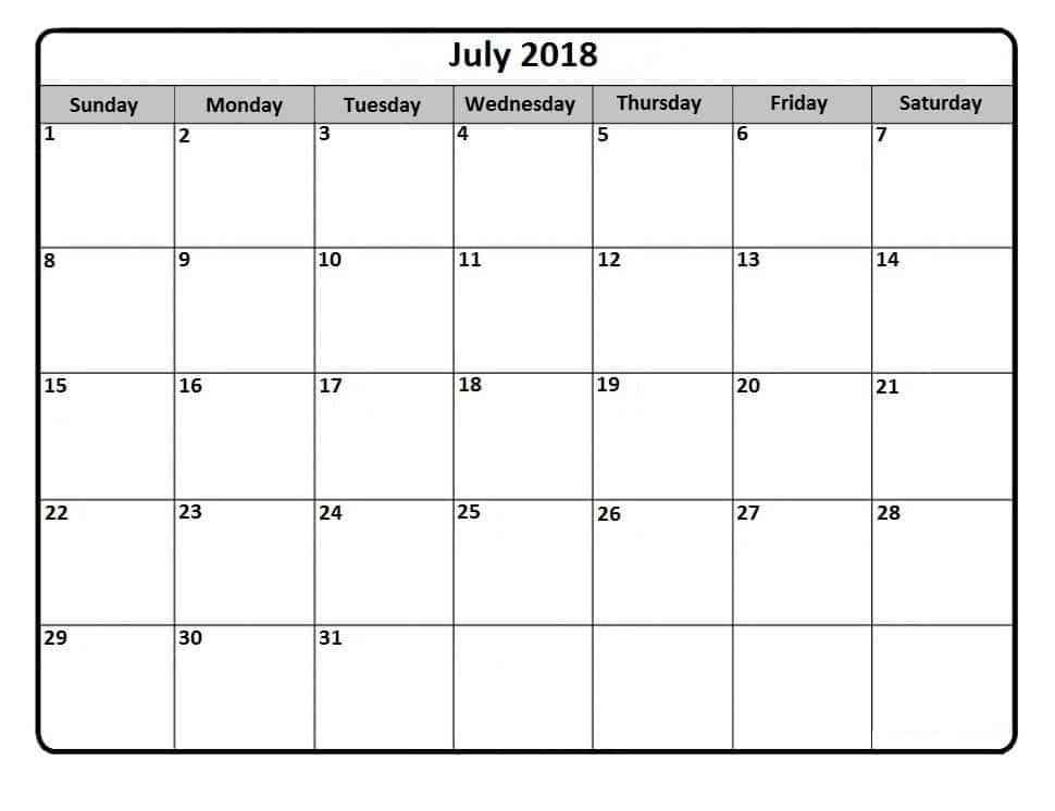  July Calendar 2018 Template