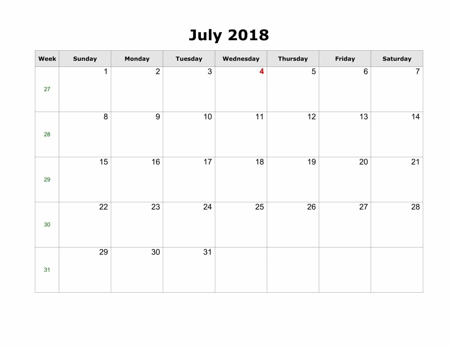  July Calendar 2018