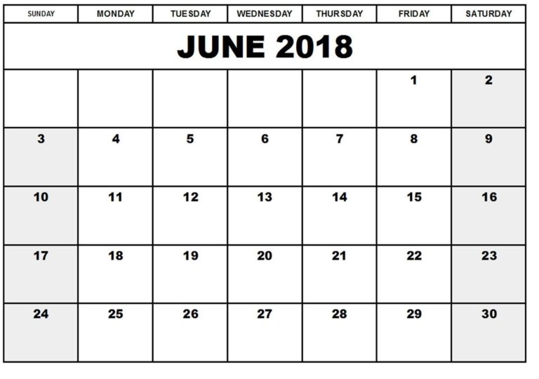 June 2018 Calendar Printable Word And Excel Format | Oppidan Library