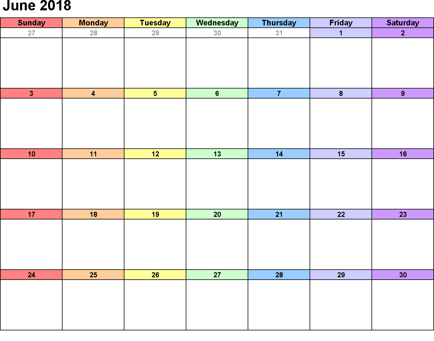 June 2018 Calendar Template 