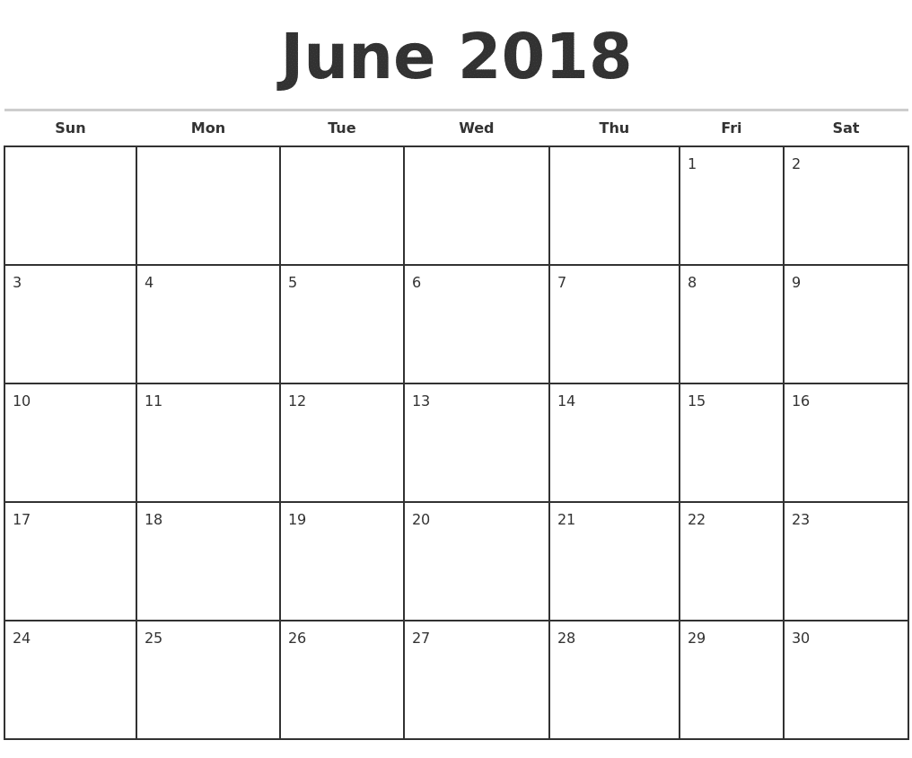 June 2018 Calendar With Holidays 