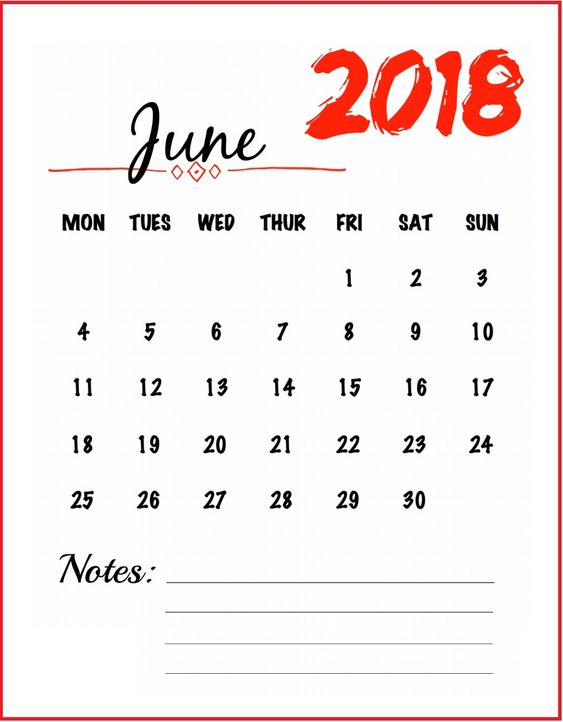 June 2018 Monthly Calendar 