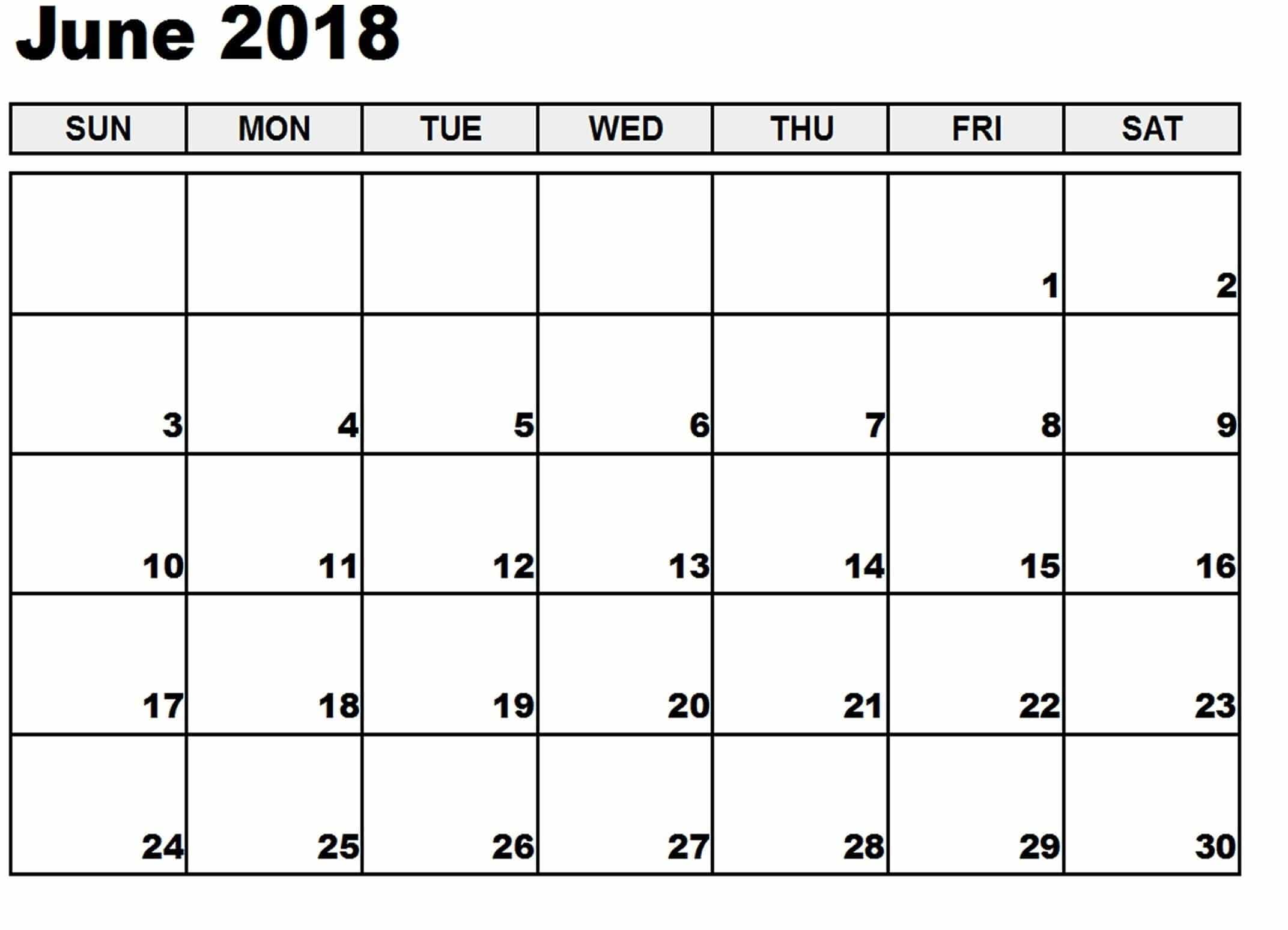 June 2018 Monthly Calendar 