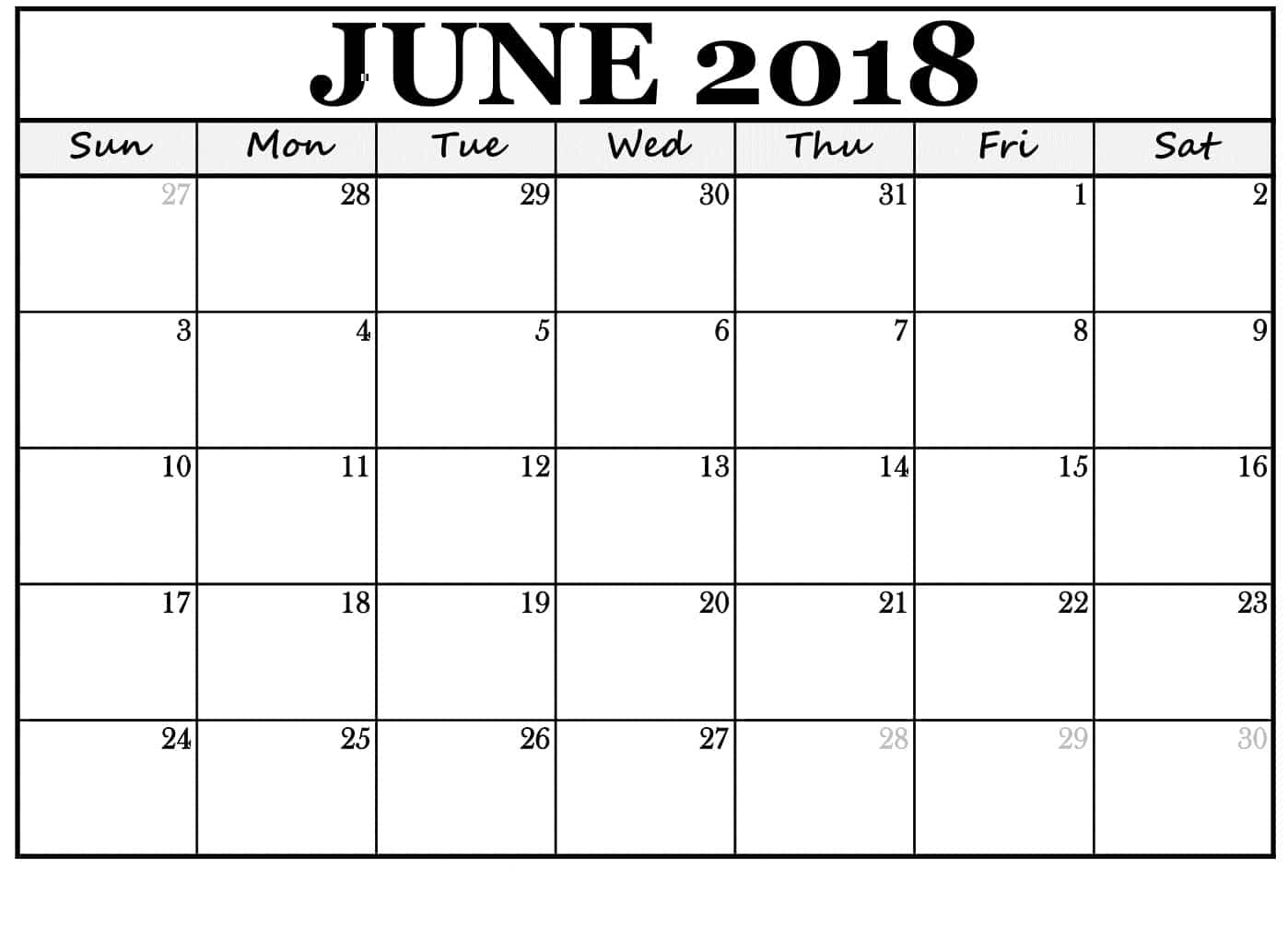 June Calendar 2018 