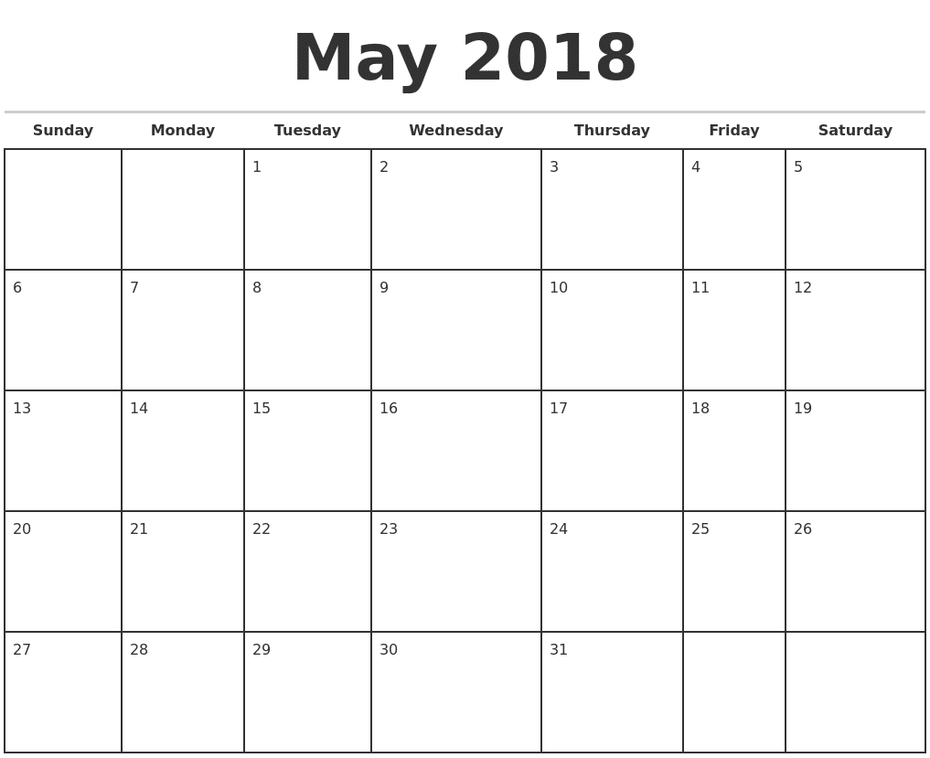 May 2018 Monthly Calendars