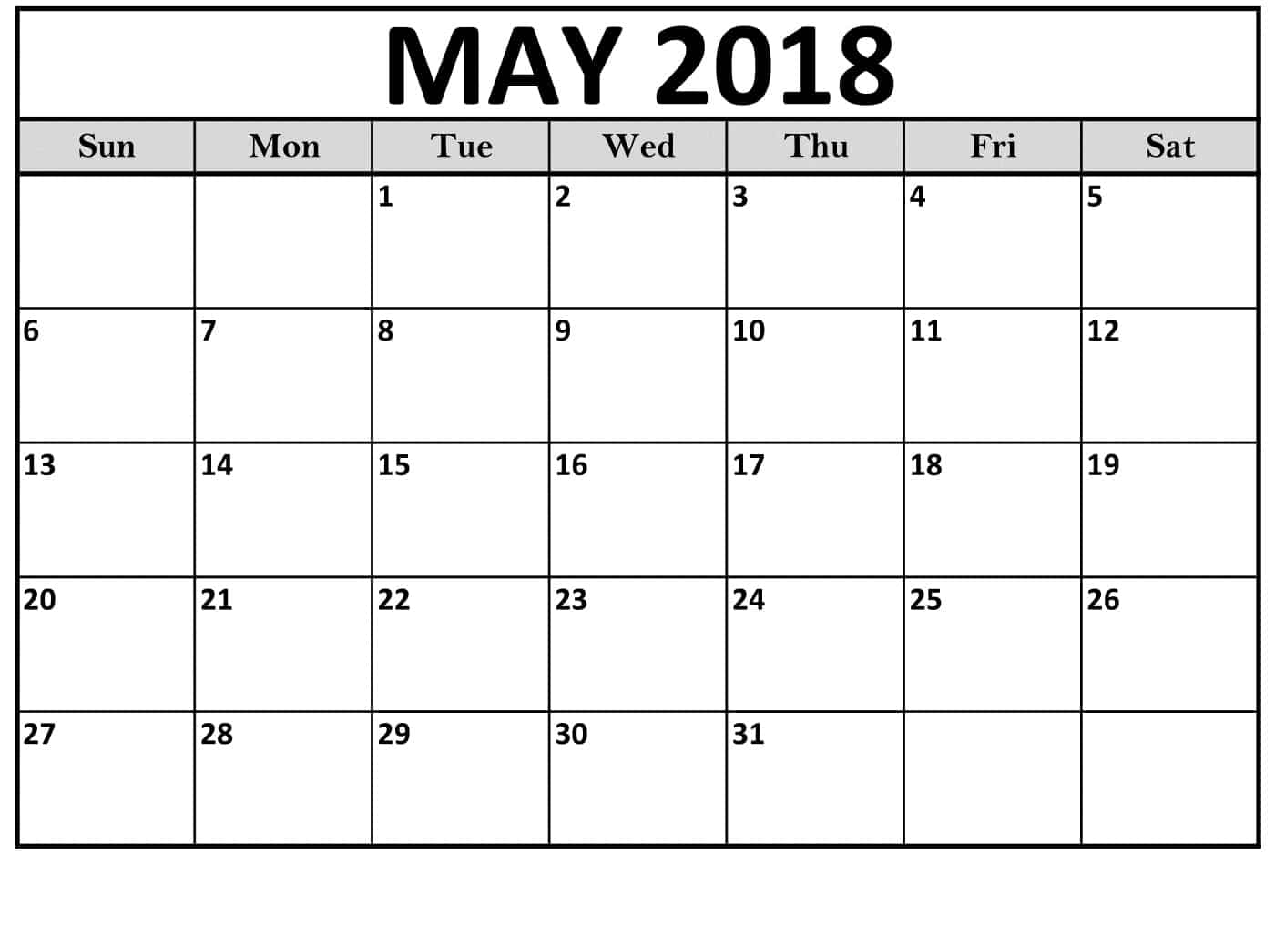 May Calendar 2018 Printable 