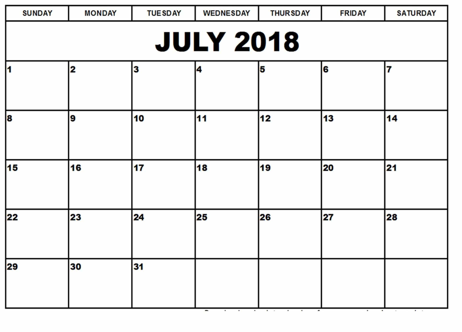 Printable Calendar July 2018 